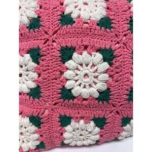 Vintage Pink Crocheted Granny Square Handmade Throw Pillow Cottage Core 15x15